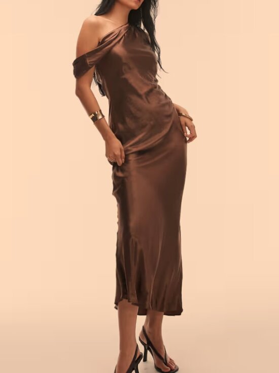 Topshop Dresses & Skirts - Topshop drape neck off the shoulder midi occasion dress in chocolate - Size 12